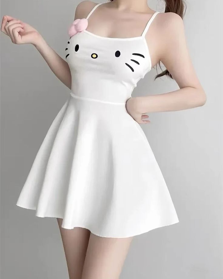 Midi or mini Skirts ? 👀 LINK IN BIO! ��🔗 Y2k Cat, Japanese Y2k, Face Embroidery, Hello Kitty Dress, Baby Tees Y2k, Japanese Dress, Mini Sundress, Spaghetti Strap Mini Dress, White Dresses For Women