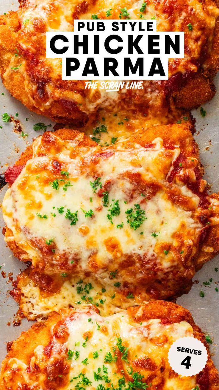 three chicken parmesan pizzas on a baking sheet with the title pub style chicken parm