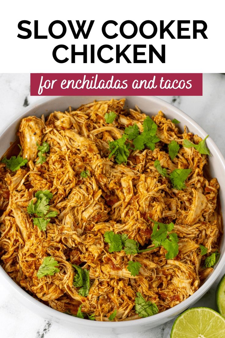 slow cooker chicken for enchiladas and tacos in a white bowl