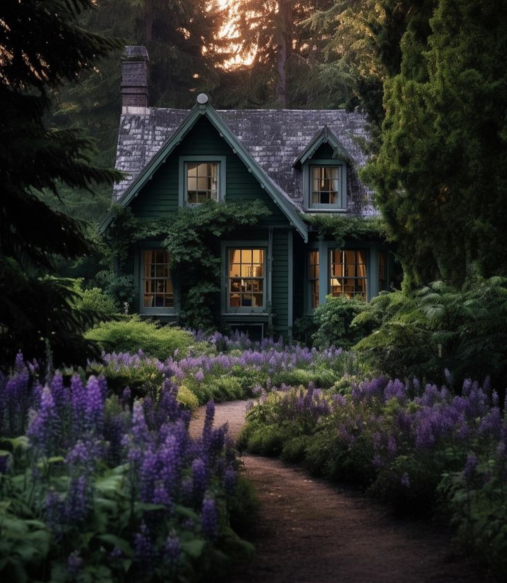 a green house surrounded by trees and purple flowers in the foreground is a path leading to it