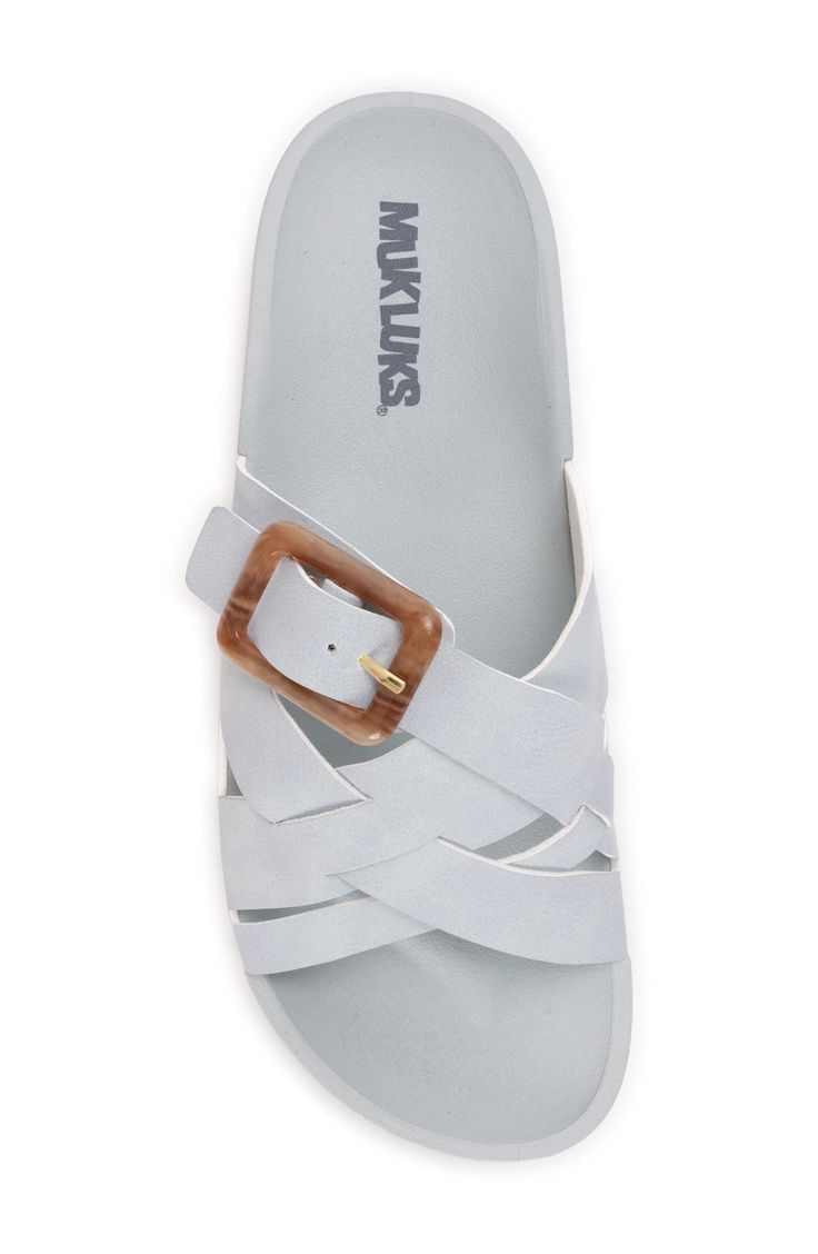 With a cushy insole, this casual slide sandal offers lasting comfort to be a weekend wardrobe favorite. Textile and synthetic upper and lining/synthetic sole Imported Synthetic Slides With Leather Footbed, Comfortable Synthetic Flat Heel Footbed Sandals, Beach Slide Footbed Sandals With Branded Insole, Summer Style Synthetic Footbed Sandals With Textured Footbed, Summer Footbed Sandals With Textured Synthetic Footbed, Summer Synthetic Footbed Sandals With Textured Footbed, Casual Beach Slides In Synthetic, Synthetic Slides With Leather Footbed For Beach, Summer Slides With Branded Insole In Synthetic Material