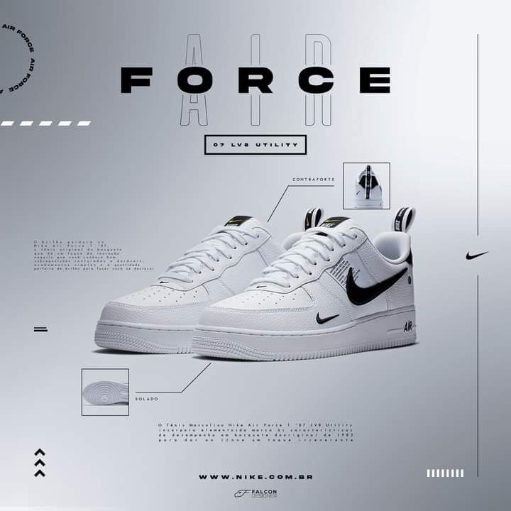 the nike air force advertisement is shown in black and white, with information about it