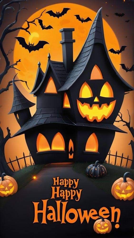 a halloween house with pumpkins and bats