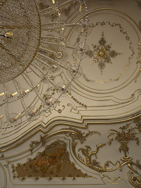 an elaborate ceiling with chandeliers and mirrors in gold, white and black colors