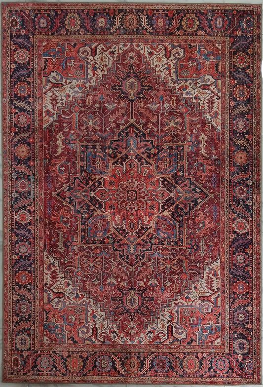 an antique persian rug with red and blue colors