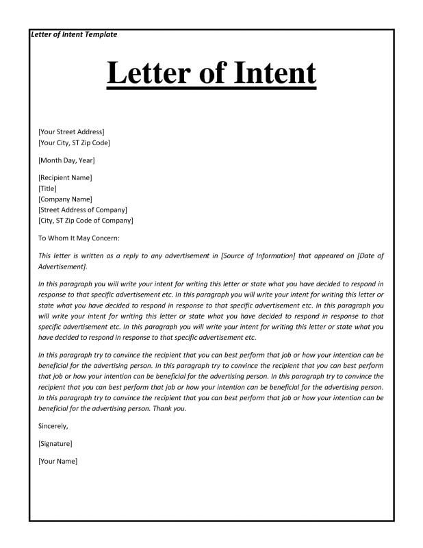 a letter of intent is shown in this image, it appears to be an email