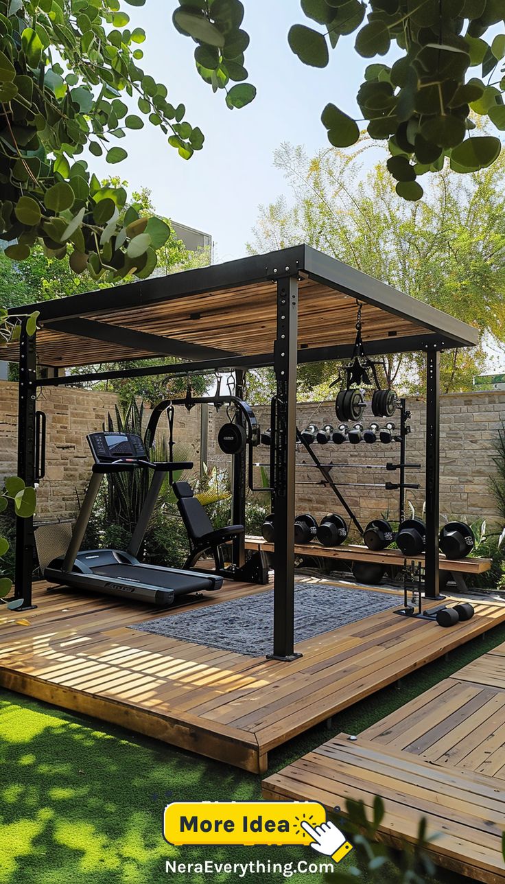 An outdoor home gym with natural surroundings, featuring a variety of fitness equipment and a covered area for all-weather workouts. Outside Gym Ideas Backyards Diy, Outdoor Home Gym Ideas, Gym Setup At Home, Outside Home Gym, Outside Gym Ideas Backyards, Gym Area In Home, House Gym Ideas Small Spaces, Backyard Workout Area, Outdoor Gym Ideas Backyards