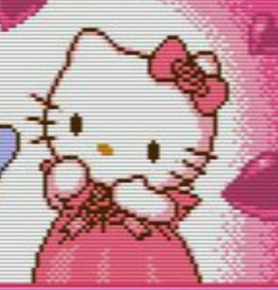 a hello kitty cross stitch pattern in pink and white with a bow on it's head