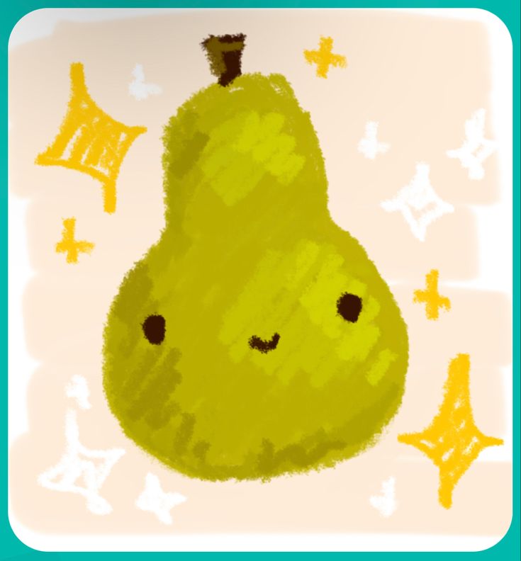 a drawing of a green pear on a white background with stars and shapes around it