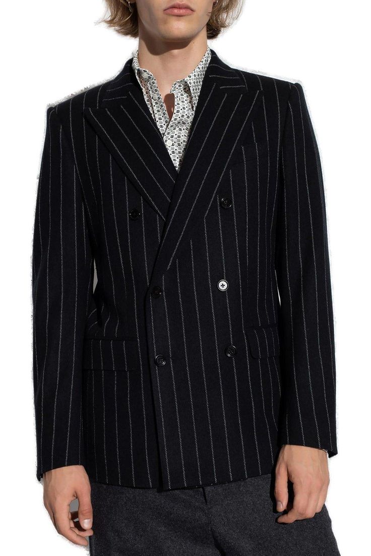 90% Virgin wool, 5% Polyurethane, 3% Nylon, 1% Polyester, 1% Elastane Pinstripe Blazer With Double Button Closure For Fall, Luxury Pinstripe Outerwear With Notch Lapel, Fitted Pinstripe Outerwear For Semi-formal Occasions, Luxury Tailored Pinstripe Outerwear, Designer Tailored Sport Coat With Double Button Closure, Luxury Pinstripe Single Breasted Outerwear, Luxury Pinstripe Single-breasted Outerwear, Classic Pinstripe Outerwear With Button Closure, Luxury Pinstripe Outerwear For Work