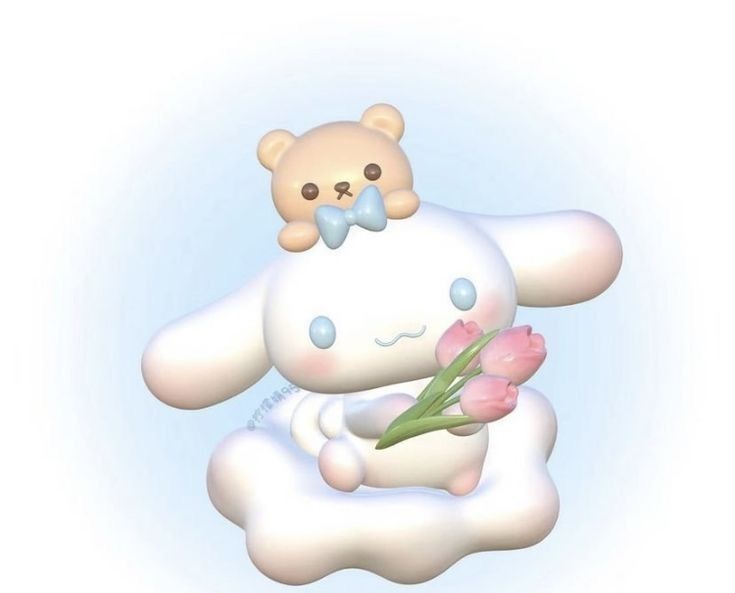 a teddy bear sitting on top of a white cloud holding a pink flower in it's lap