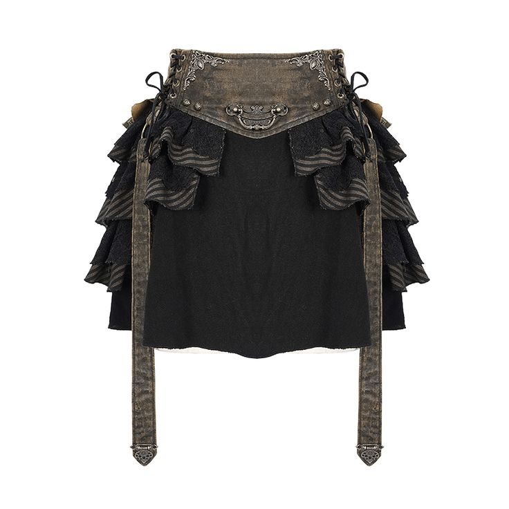 Shop for high quality material steampunk skirt with a layered design.it has a high waist fit, patchwork design, dangling straps and wide waist band. get free shipping for this and all orders within the us. Steampunk Mode, Steampunk Outfits, Moda Steampunk, Steampunk Woman, Waterfall Skirt, Mode Steampunk, Steampunk Skirt, Layered Mini Skirt, Brown Mini Skirt