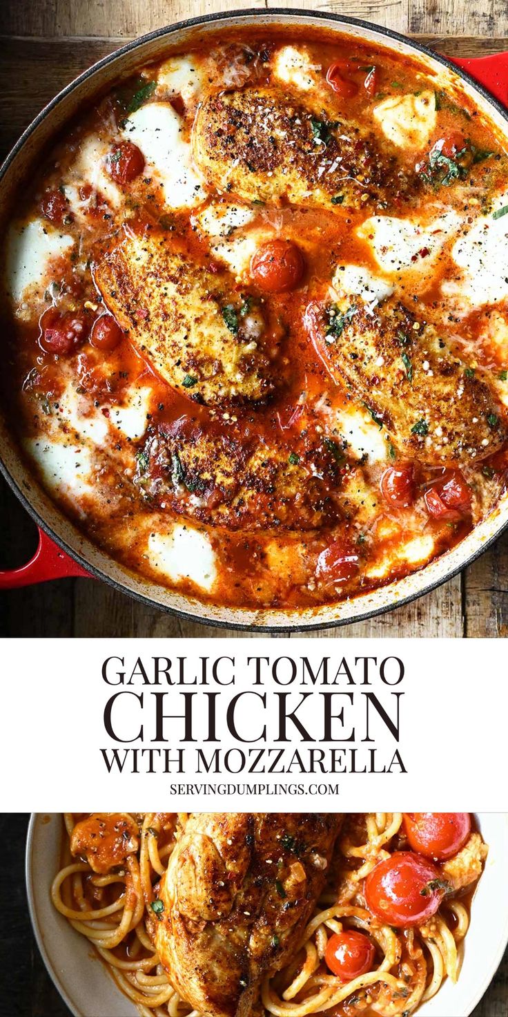 garlic tomato chicken with mozzarella sauce in a skillet on a wooden table