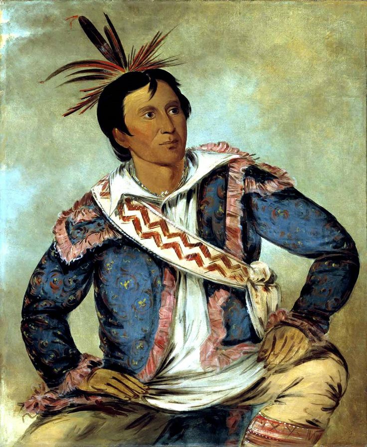 an oil painting of a native american man in blue and white clothing with feathers on his head