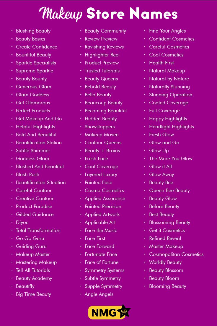 a purple poster with the names of makeup stores in english and spanish, on it