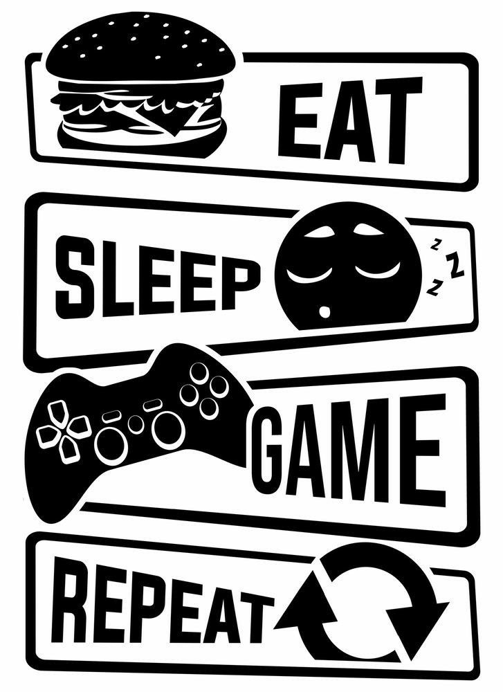 eat sleep game repeat stickers are shown in black and white, with an image of a hamburger