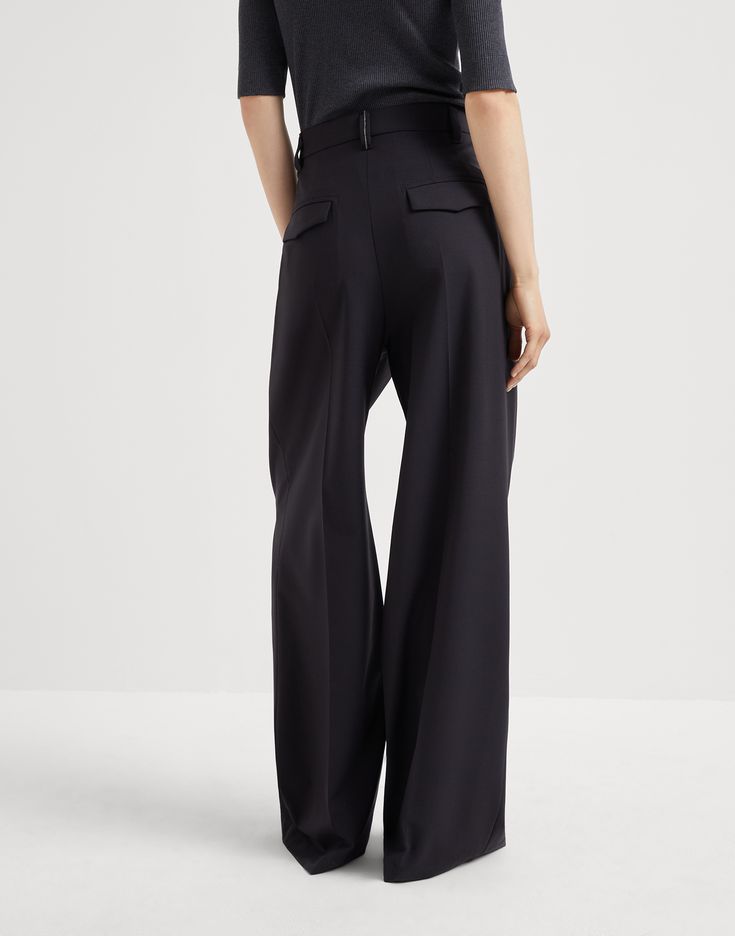 Tropical luxury wool high waist wide trousers with monili The fluid, lightweight texture of Tropical Luxury wool enhances the feminine lines of these Wide trousers. As a modern take on tailored silhouettes, high-rise proportions flow comfortably with long pleats and loose, straight lines along the leg. A shiny monili embroidery illuminates the back loop and complements the piece with an unexpected sparkling note. Modern Structured Office Bottoms, Luxury Wide Leg Dress Pants, Chic Black Wide Leg Pants With Pressed Crease, Modern Structured Formal Bottoms, Modern Structured Bottoms For Formal Occasions, Luxury Black Wide-leg Dress Pants, Chic Structured Bottoms With Pressed Crease, Modern Tailored Structured Pants, Sleek Structured Black Bottoms