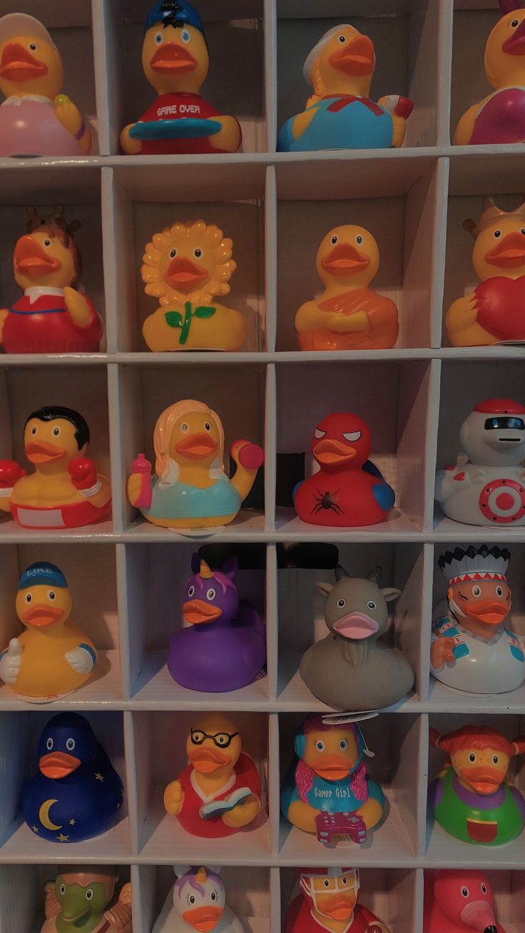 many different rubber ducks are on display in a white shelving unit with shelves full of them