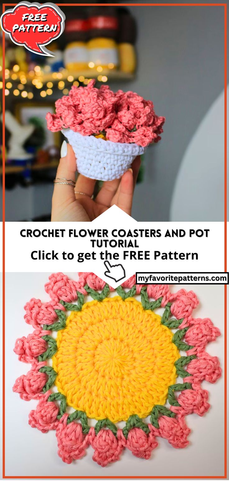 Crochet Flower Coasters and Pot Tutorial Crochet Flower Pot That Turns Into Coasters, Crochet Flower Coasters In Pot, Crochet Rose Coaster, How To Crochet Coasters, Flower Pot Coaster Crochet Pattern Free, Flower Crochet Coasters, Crochet Flower Coaster With Pot, Crochet Flower Pot Coasters Free Pattern, Crochet Coasters With Holder