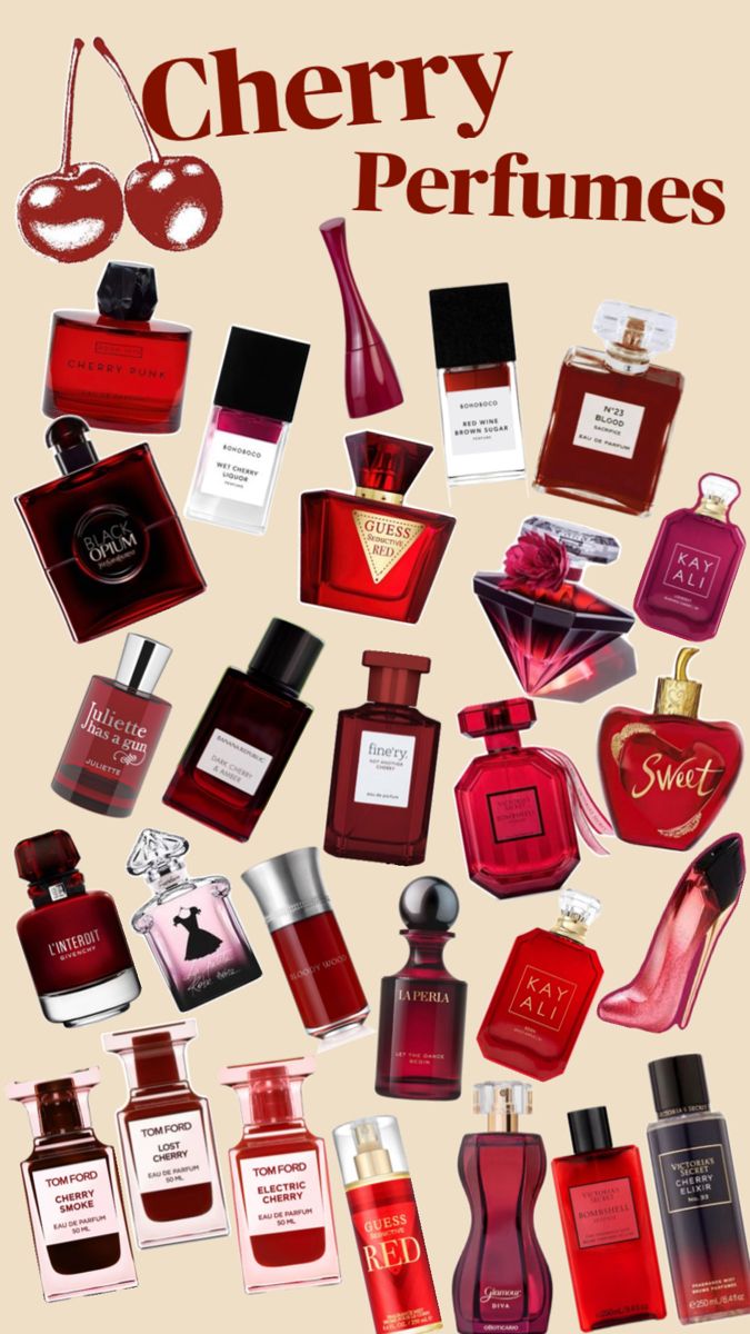 All sorts of variations of cherry perfumes, ideas🌟🌟 Cherry Products, Fruit Perfumes, Fragrances Perfume Woman, Perfume Collection Fragrance, Shower Skin Care, Fragrance Samples, Really Cute Nails, Perfume Scents, Perfume Lover