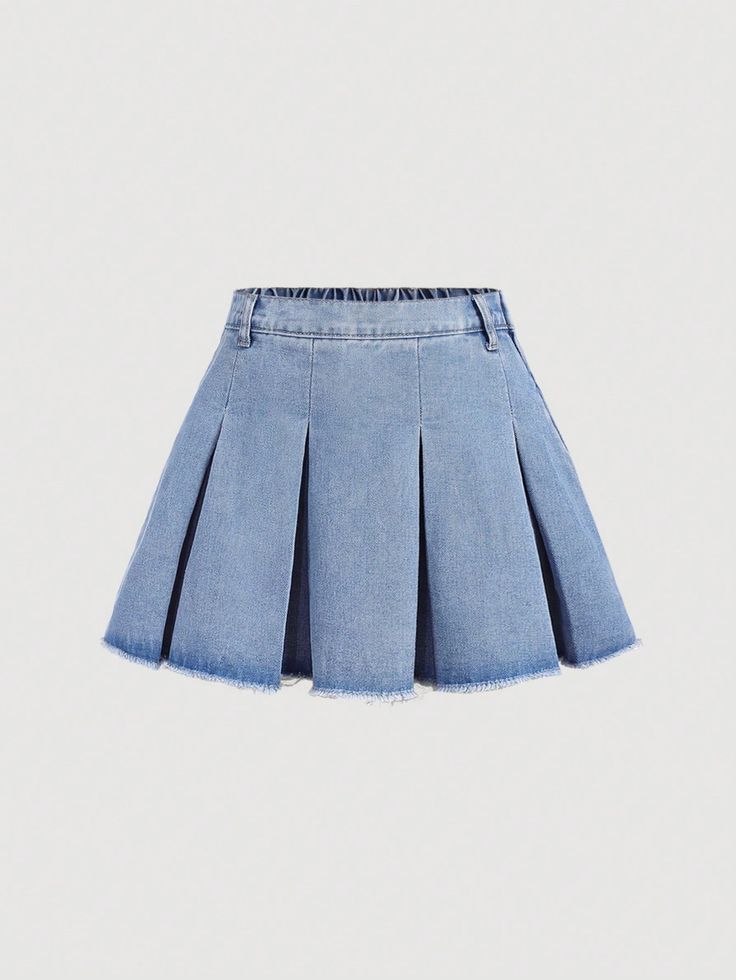 Tween Girls' Y2K Solid Pleated Raw Hem Denim Skirt,Spring And Summer Boho Outfits Light Wash Casual   Denim Plain Pleated Non-Stretch  Tween Girls Clothing, size features are:Bust: ,Length: ,Sleeve Length: Fem Clothes, Light Blue Skirt, Denim Tube Top, Light Blue Skirts, Girls Denim Skirts, Shein Finds, Outfit Essentials, Boho Summer Outfits, Sea Serpent