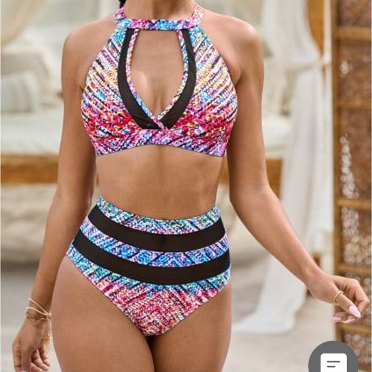 *Note* The Top Piece Of This Bikini Is A Size 4 And The Bottom Is A Size 6. New! Sun, Sand And A Sexy Swimsuit...The Perfect Warm-Weather Combo! You Can Cross One Of Those Off Your Checklist With This Choker-Style High-Neck Top That Boasts A Wide Front Keyhole Outlined With Sheer Mesh Panels. The High-Rise Bottoms Deliver High-Key Style! Two Sheer Cutouts Around The Waist And Hips Add An Alluring Peek And A Curve To The Waist, Bringing A Bold Edge To The Familiar Swim Silhouette. This Bikini Is Multicolor High Waist Swimwear For Sunbathing, Multicolor High Waist Tankini For Beachwear, Multicolor High Waist Swimwear For Beach, Multicolor High Waist Beachwear Swimwear, Multicolor High-waist Beachwear Swimwear, Multicolor High Waist Swimwear For Beach Season, Multicolor High Waist Tankini For Beach Season, High Waist Multicolor Swimwear For Beach Season, High Waist Multicolor Tankini For Beach Season