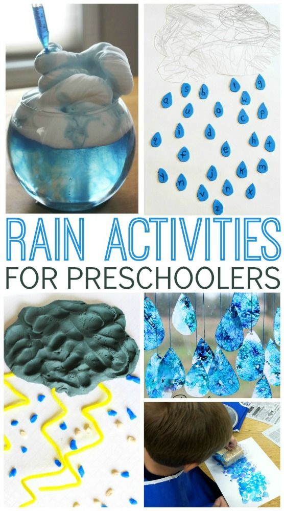 the words rain activities for preschoolers are shown in blue and green colors, with pictures of