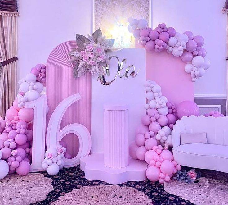 Sweet 16 Party Planning Checklist, Sweet Sixteen Balloons Decorations, Sweet 16 Shades Of Pink, Pink And White Sweet 16, Sweet 16 Balloon Arch, Sweet 16 Backdrop Ideas, Sweet 16 Decor, Sweet 13, Happy Sweet 16