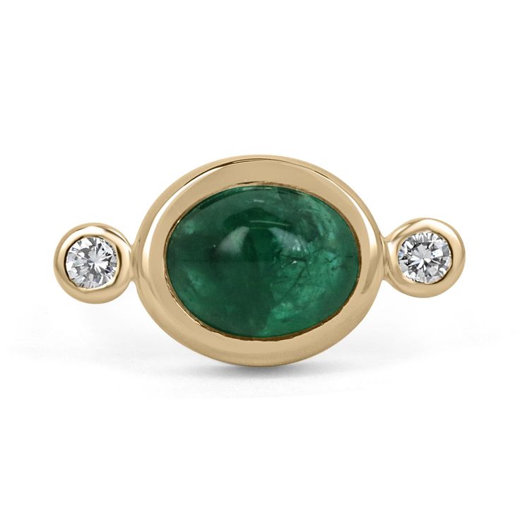 A magnificent emerald cabochon and diamond accent three-stone ring. This remarkable piece features a stunning, high-quality, dark emerald green cabochon emerald. Cut into the shape of an oval, with very good clarity and luster. The center stone is bezel set, with two brilliant round-cut diamonds accenting either side. Crafted in fabulous 14K yellow gold.  Setting Style: Bezel - Three Stone Setting Material: 14K Yellow Gold Setting Weight: 6.8 Grams Main Stone: Emerald Cut: Cabochon Shape: Oval Cut Weight: 4.36-Carats Clarity: Transparent Color: Dark Green Luster: Very Good Treatments: Natural, Oiling Origin: Zambia Secondary Stone: Diamond Weight: 0.14-Carats (Total) Cut: Brilliant Round Clarity: VS2 Color: I Luster: Very Good Treatments: Natural Estimated Retail Value: $12,590.00 USD Keep Timeless Oval Emerald Ring With Bezel Setting, Oval Gemstones With Bezel Setting For Anniversary, Oval Three Stone Emerald Ring In Yellow Gold, Heirloom Oval Emerald Ring With Three Stones, Gold Emerald Three Stone Jewelry, Luxury Oval Emerald Ring With Three Stones, Oval Emerald Three Stone Fine Jewelry Ring, Yellow Gold Emerald Ring With Bezel Setting, Emerald Oval Cabochon Ring With Center Stone