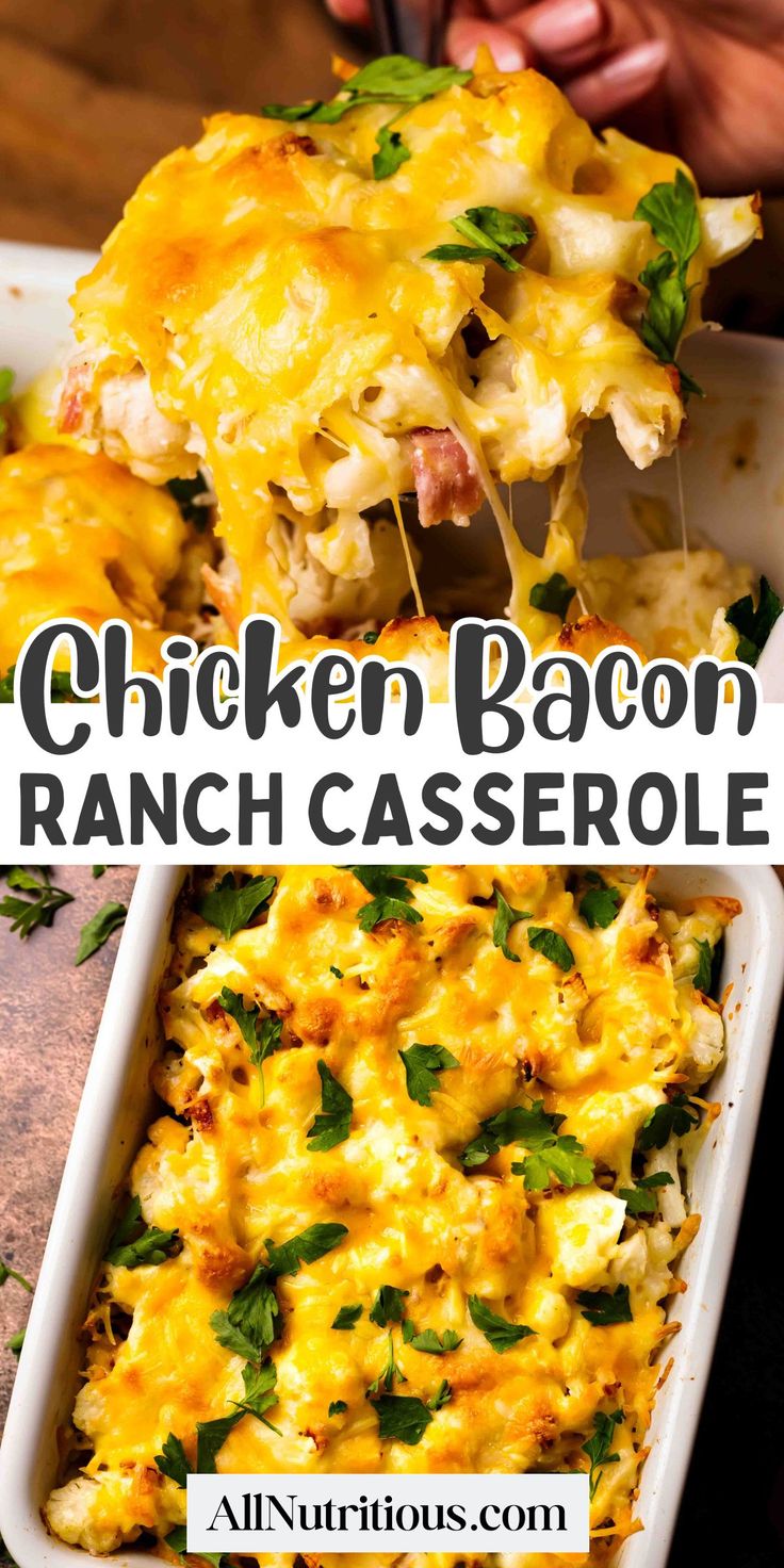 chicken bacon ranch casserole in a white baking dish with the title above it