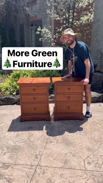 a man standing next to two dressers with the words more green furniture on them