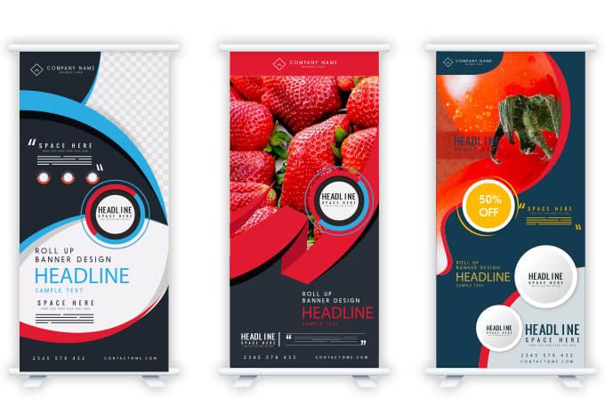 three roll up banners with images of strawberries and oranges in the middle one is for headline