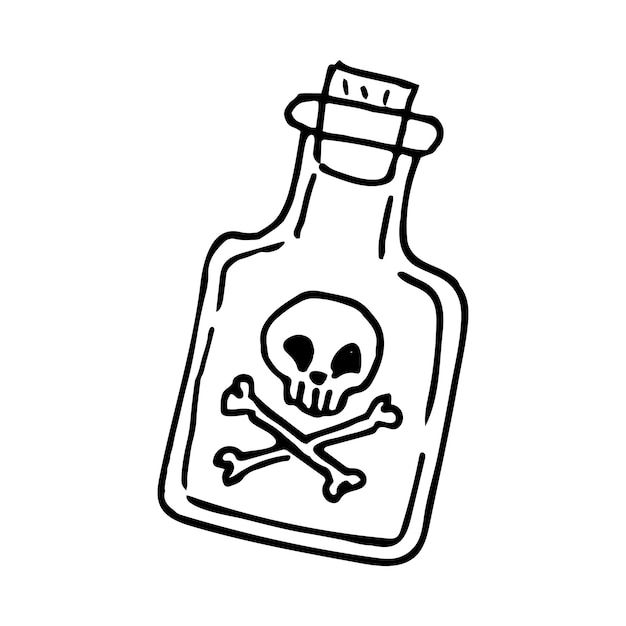 a bottle with a skull and crossbones on the label is drawn by hand