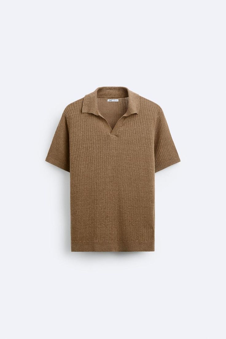 LINEN - VISCOSE KNIT POLO SHIRT - taupe brown | ZARA United States Classic V-neck Top With Ribbed Collar, Textured Knit Collared Polo Shirt, Textured Knit Polo Shirt With Polo Collar For Fall, Textured Knit Polo Shirt For Fall, Fall Textured Knit Polo Shirt With Polo Collar, Casual V-neck Polo Shirt With Ribbed Collar, Classic Brown Polo Shirt With Collared Neckline, Relaxed Fit Knit Polo Sweater With Polo Collar, Casual Brown Polo Shirt With Collared Neckline