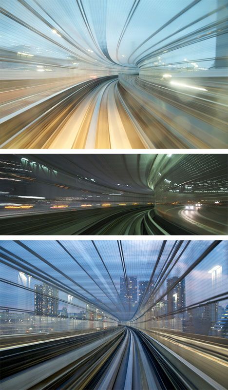 three different views of the city at night and day, with moving lines in front of them