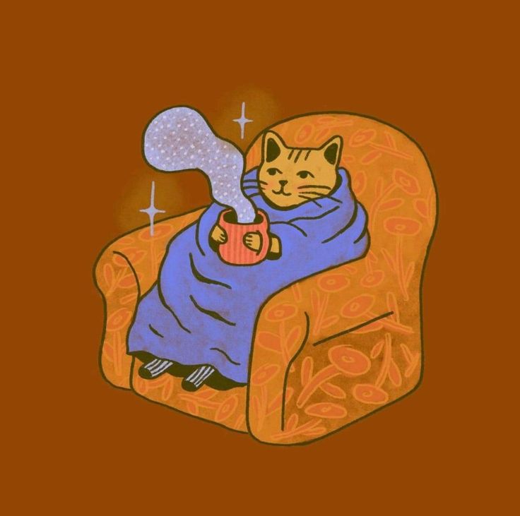 a drawing of a cat wrapped in a blanket sitting on a chair holding a cup