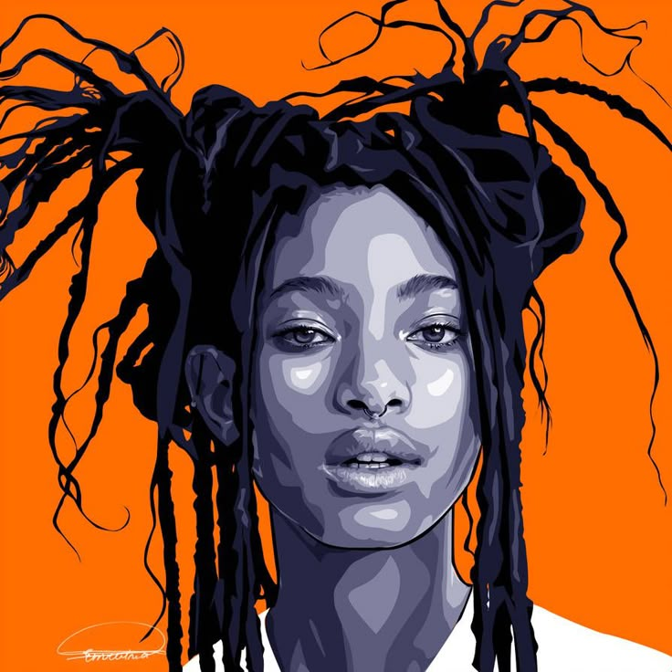 a painting of a woman with dreadlocks on her head and an orange background