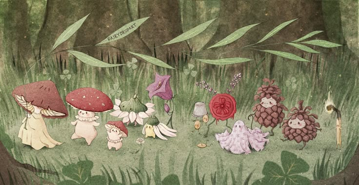 an image of children playing in the woods with mushrooms and flowers on them, illustration by person