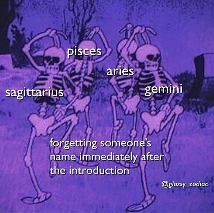 two skeletons are dancing in front of a purple background with the words piscs aries germini