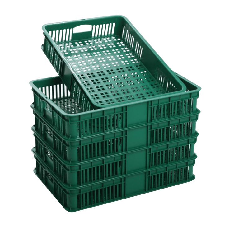 two green plastic crates stacked on top of each other, one is empty and the other has