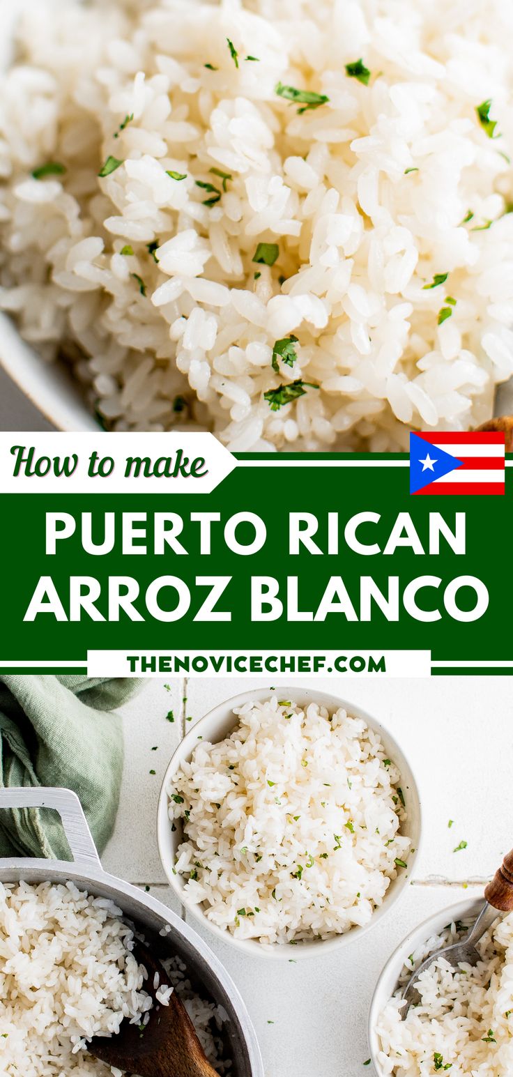 how to make puerto rican arroz blancco with rice in small white bowls