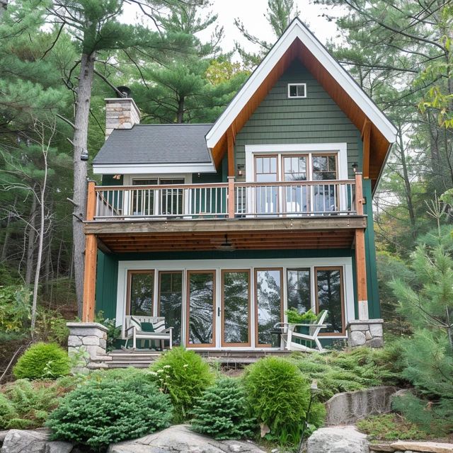 a green house surrounded by trees and rocks