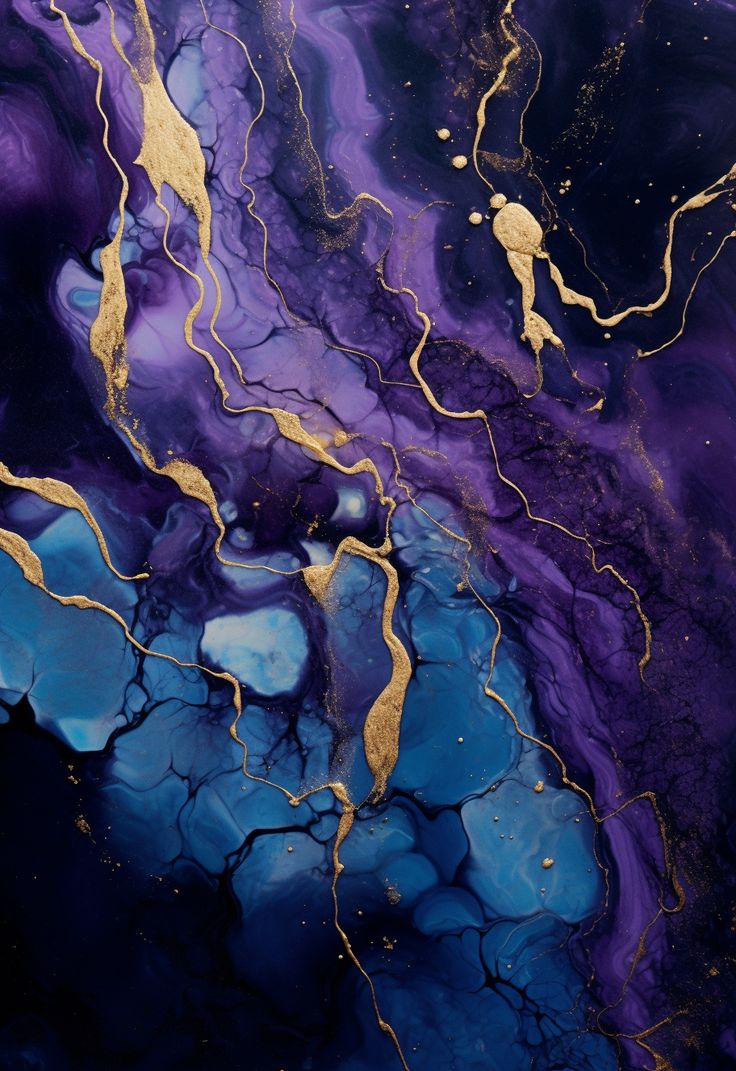 an abstract painting with gold and purple colors