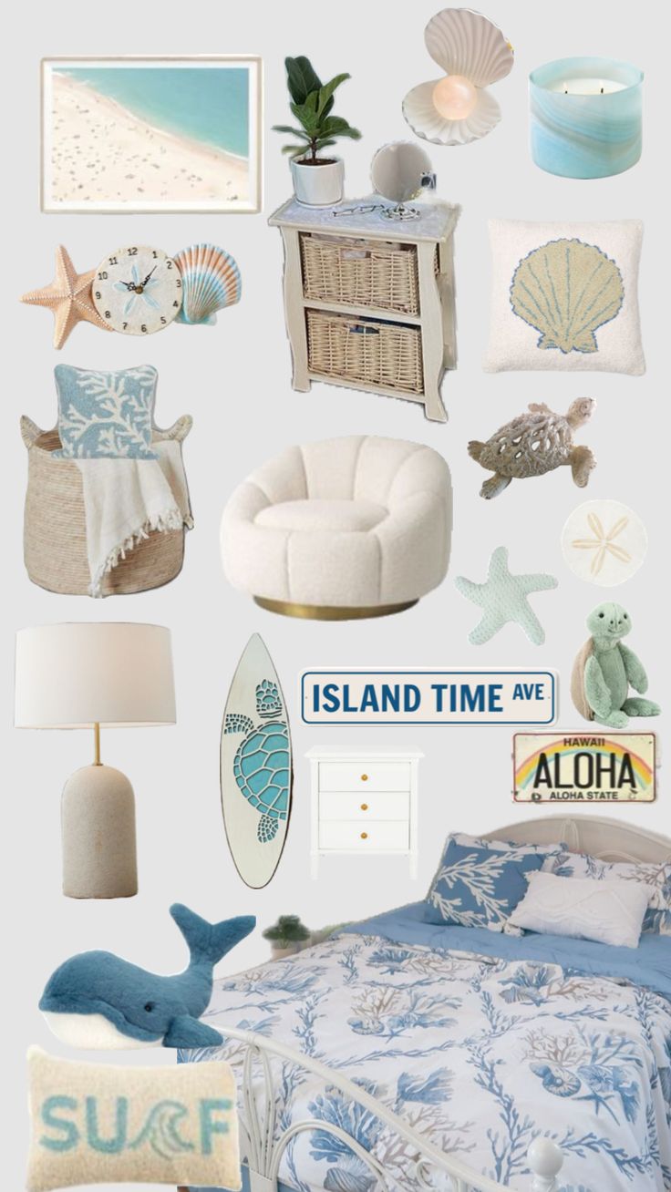 there is a bed with blue and white decor on the wall next to an ocean themed night stand