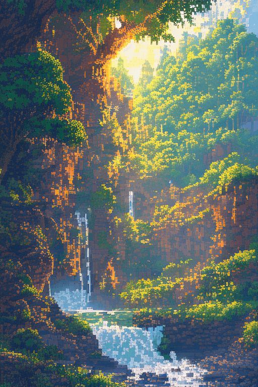 a painting of a waterfall in the middle of a forest with trees and rocks on either side