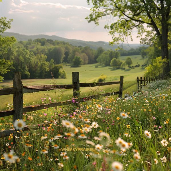 a wooden fence surrounded by wildflowers and trees