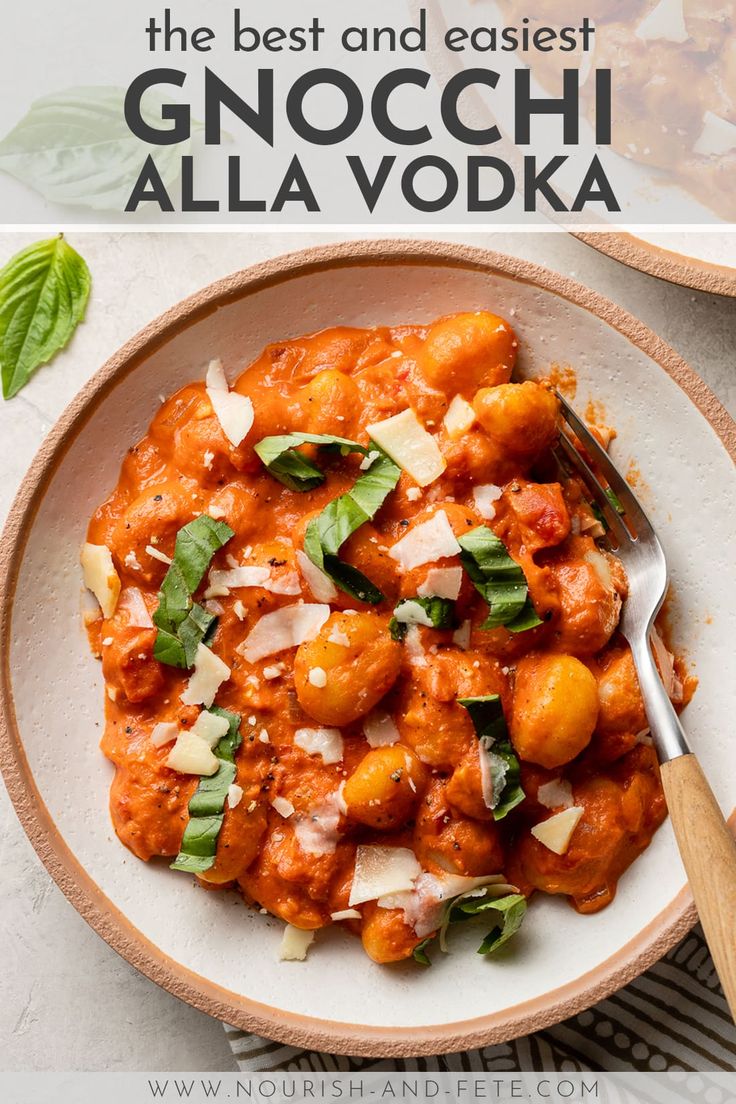 the best and easy gnocchi alla vodka recipe on a plate with a fork