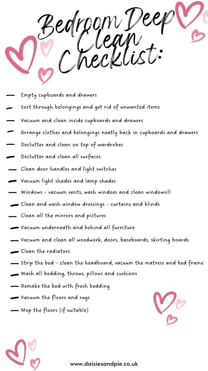 Checklist for deep cleaning bedroom - full text for steps on the website Home To Do List Clean House, Winter Organization Ideas, Deep Cleaning Bedroom Tips, How Often To Wash Bedding, List To Clean Your Room, Living Room Deep Clean, Tips On How To Clean Your Room, Messy Room Cleaning Checklist, New Year Deep Cleaning