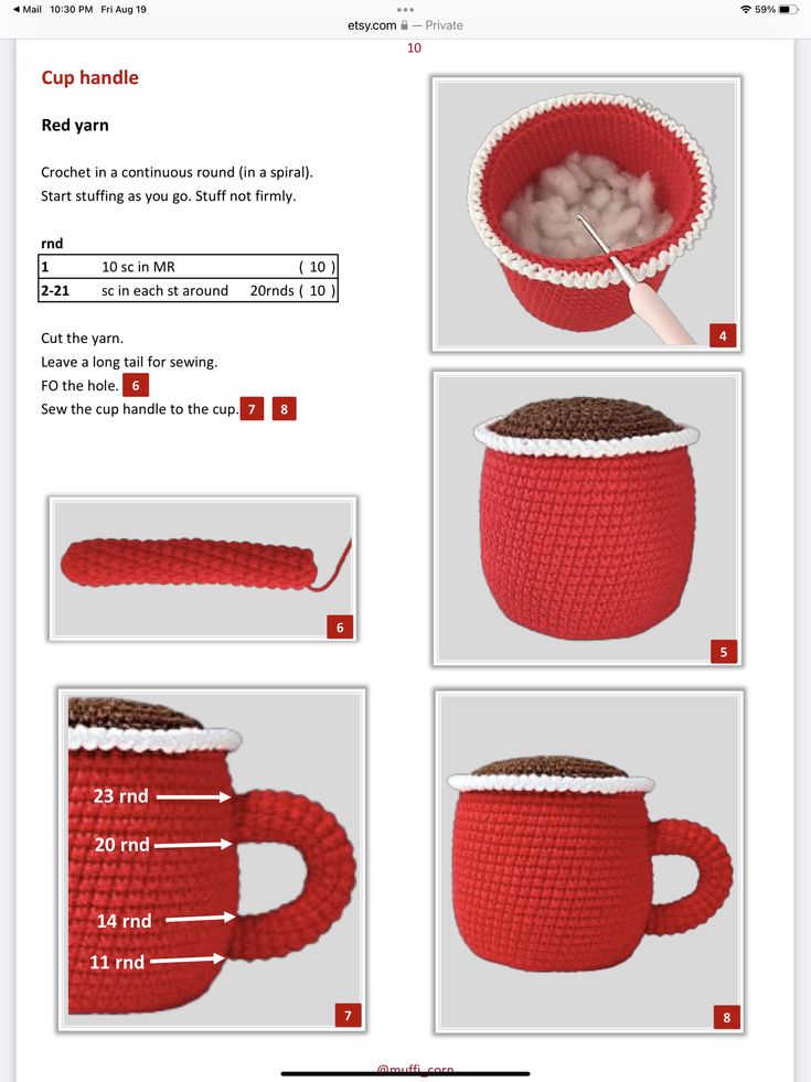 instructions to crochet coffee mug cozyies in red and white, with pictures showing how they are made