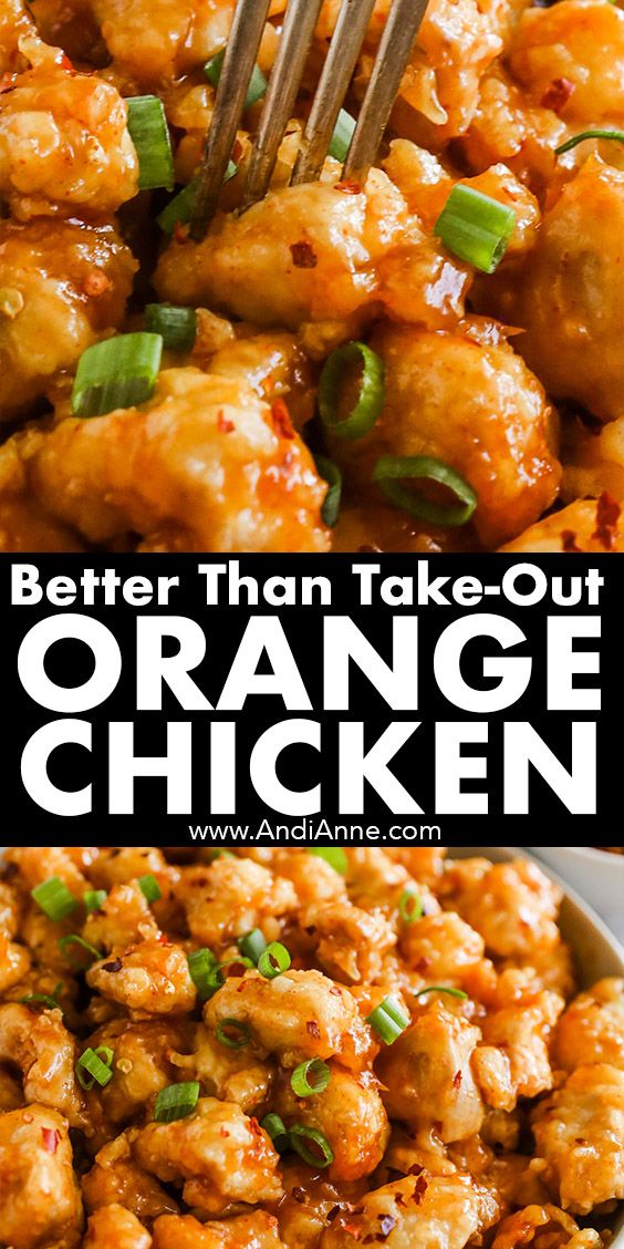 an orange chicken dish in a white bowl with the words, better than take out